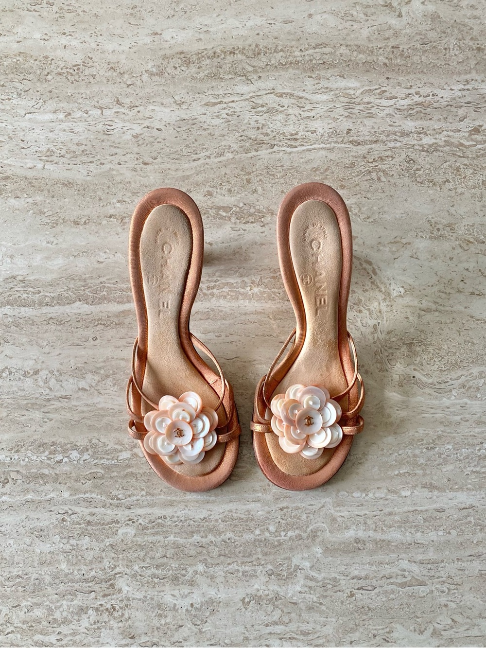 Vintage Chanel Shell Camellia CC Sandal Heels
